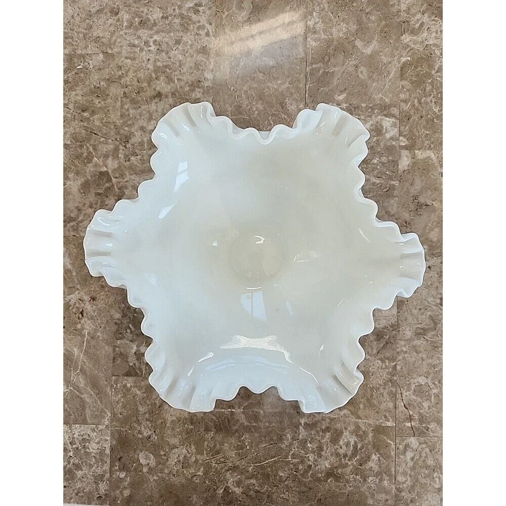 Vintage Fenton Ruffled White Milknglass Bowl, 8